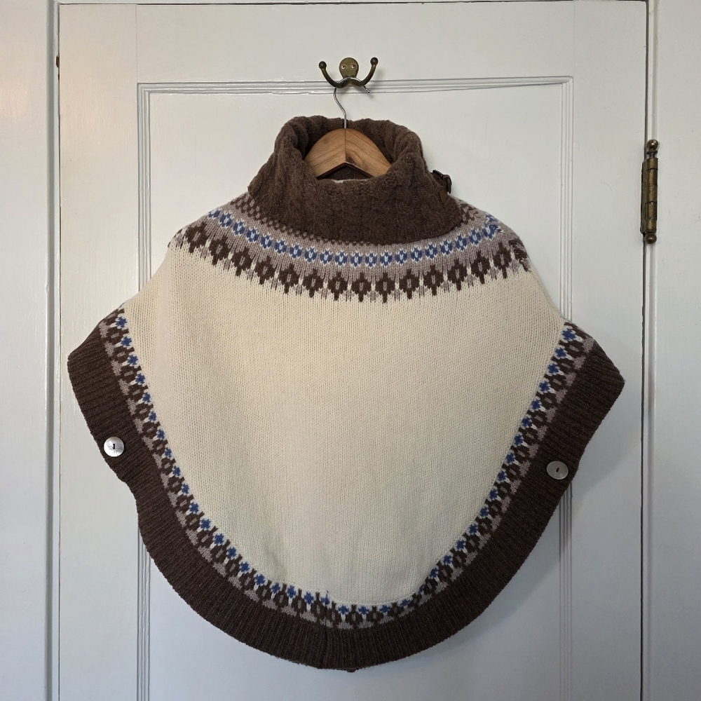 Munrospun Pure Lambswool Poncho – Size S – Cream, Brown, Wedgewood Blue - Picture 7 of 10